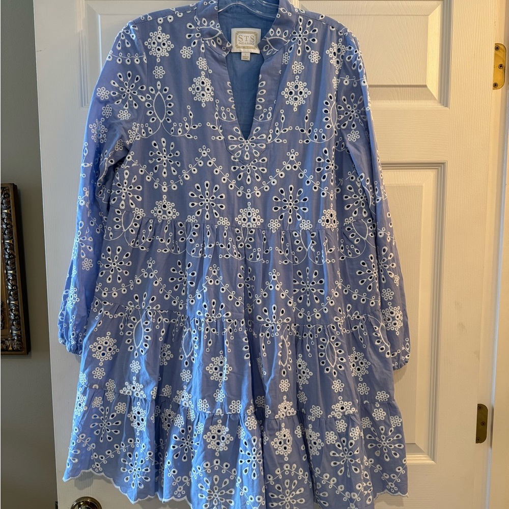Sail to Sable Charlotte Eyelet Dress Hydrangea White Blue Long Sleeves Large